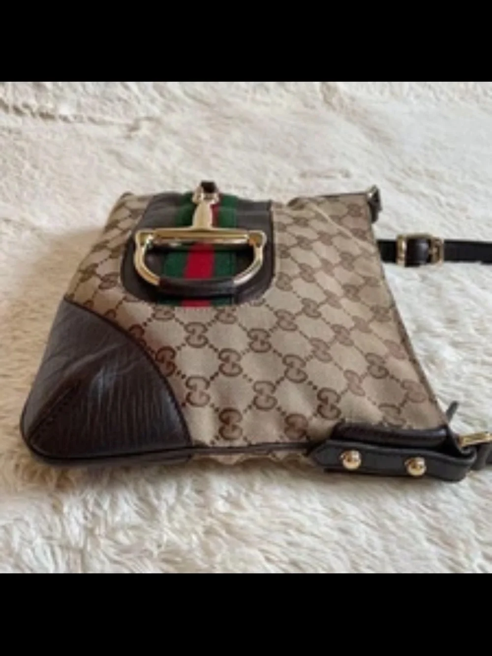 Gucci Brown GG Canvas Crossbody Bag with Red-Green Web and Gold Tone Hardware